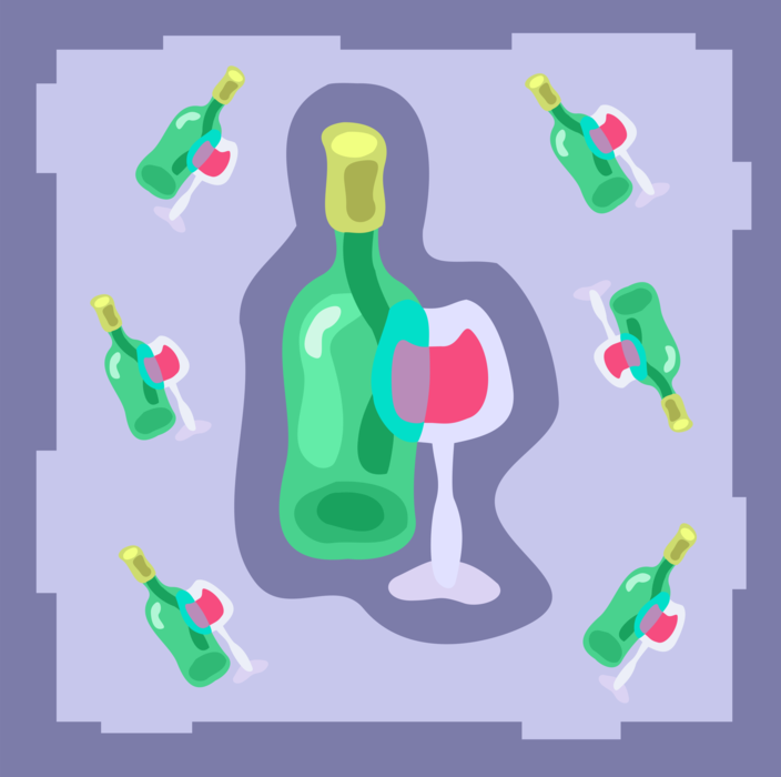 Vector Illustration of Bottle of Red Wine with Glass Alcohol Beverage