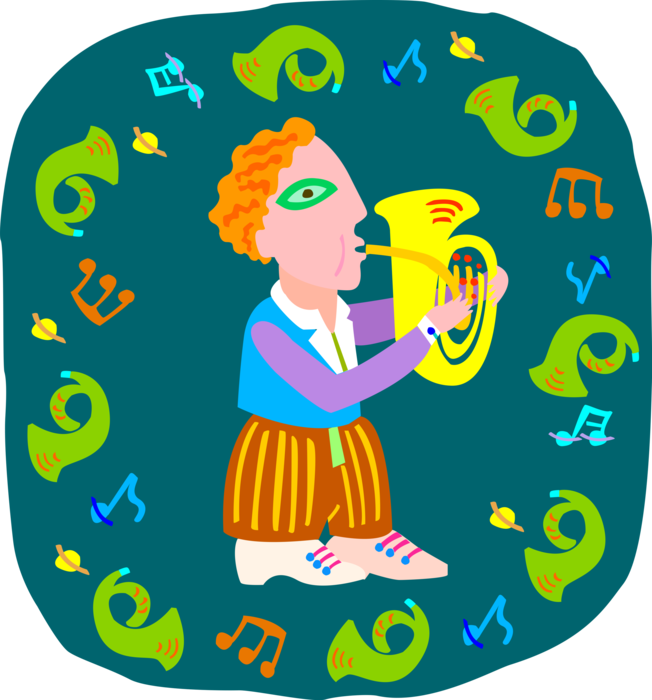 Vector Illustration of Young Boy Playing French Horn Large Brass Musical Instrument