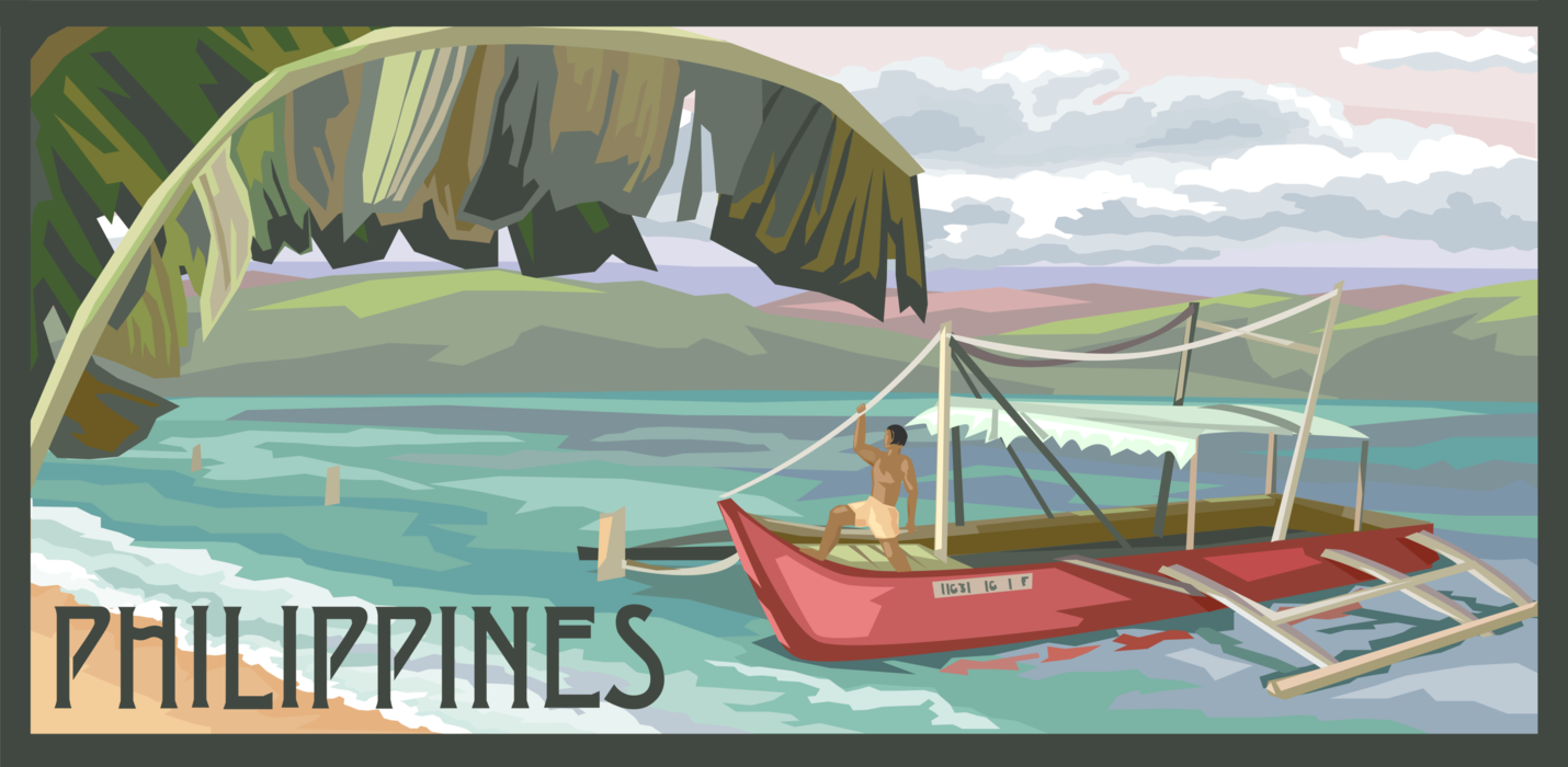 Vector Illustration of Philippines Postcard Design with Beach and Outrigger Boat
