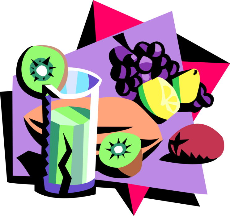 Vector Illustration of Exotic Fruit Drinks with Kiwi, Lemon and Grapes