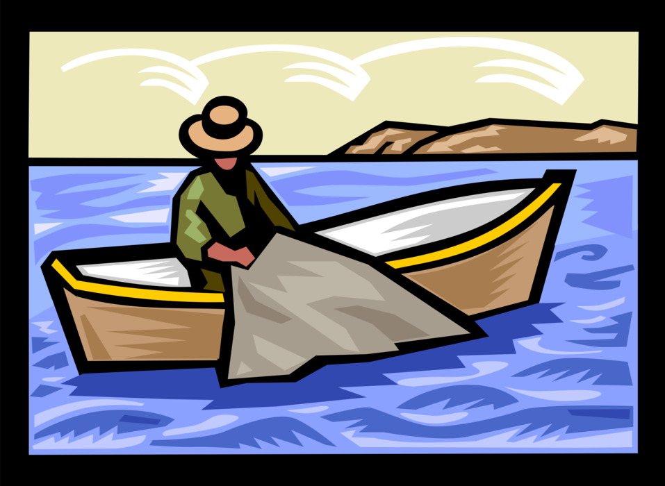 Vector Illustration of Sport Fisherman Angler with Net Fishing from Boat Harvesting the Fisheries
