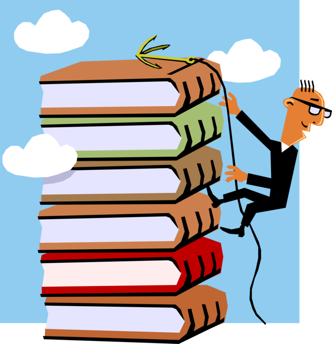 Vector Illustration of Businessman Climbing Stack of Books with Mountain Rope