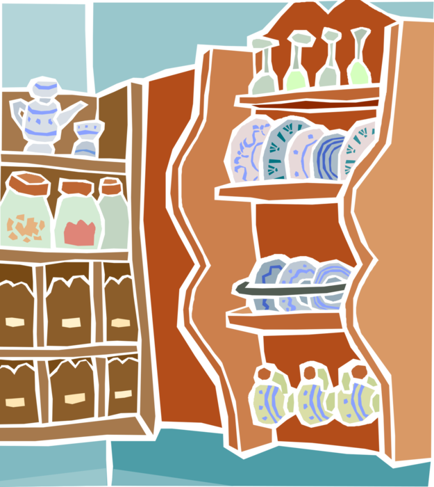 Vector Illustration of Kitchen Dishes Displayed on Shelves