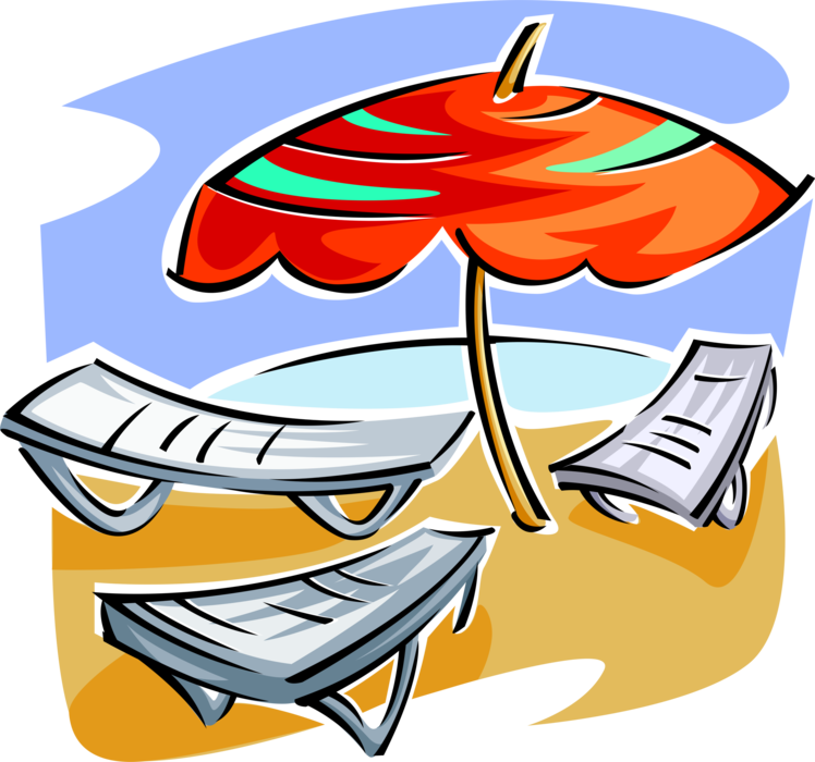 Vector Illustration of Beach Chairs and Shade Umbrella or Parasol Rain Protection