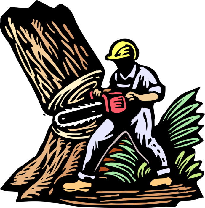 Vector Illustration of Forestry Lumberjack Logger with Chainsaw Cutting Down Tree