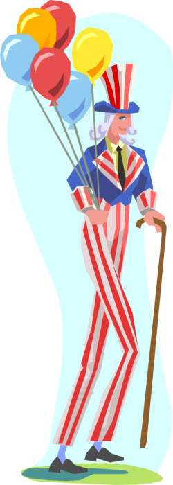 Vector Illustration of Independence Day 4th Fourth of July Uncle Sam Walking on Stilts with Balloons