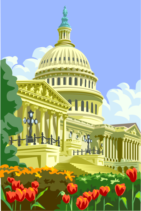 Vector Illustration of United States Capitol Seat of Government Congress Washington D.C. with Spring Tulips