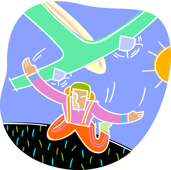 Vector Illustration of Parachutist Diving Out of Plane with Parachute