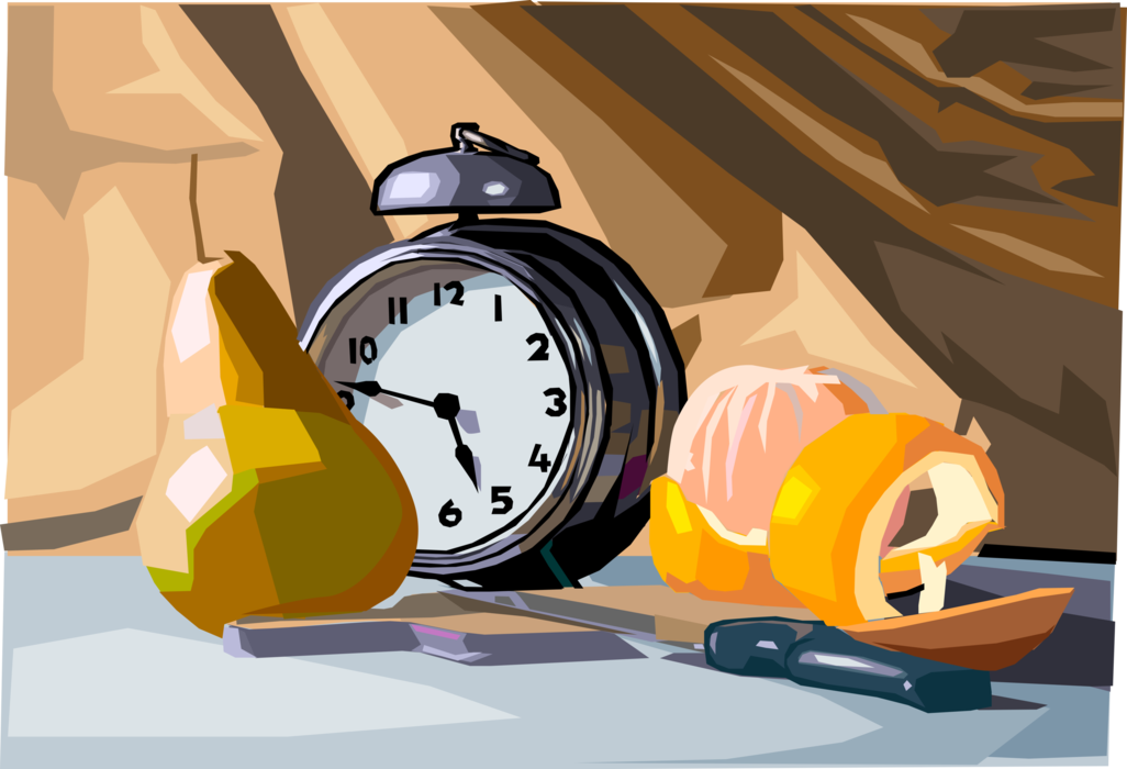 Vector Illustration of Alarm Clock with Pear and Peeled Citrus Orange Fruit