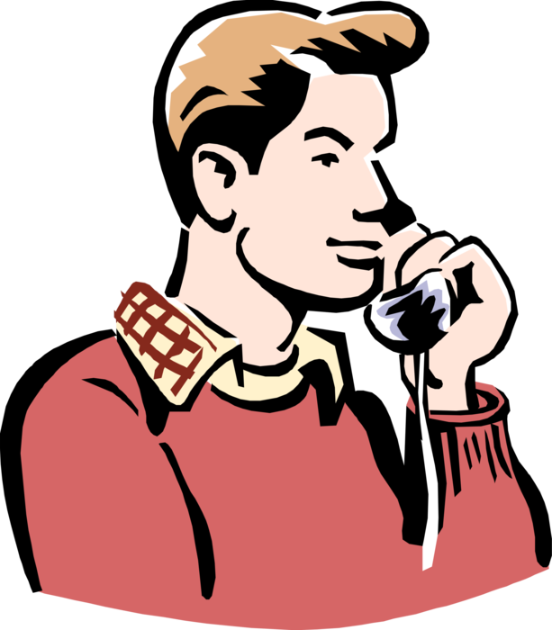 Vector Illustration of 1950's Vintage Style Young Man Boyfriend Calls Girl Girlfriend on Phone