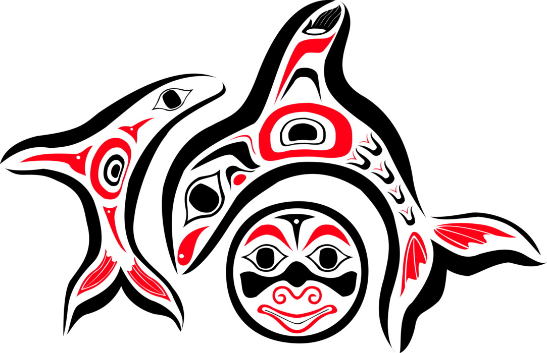 Vector Illustration of Pacific Northwest Indigenous People Fish and Animal Folk Art Symbols