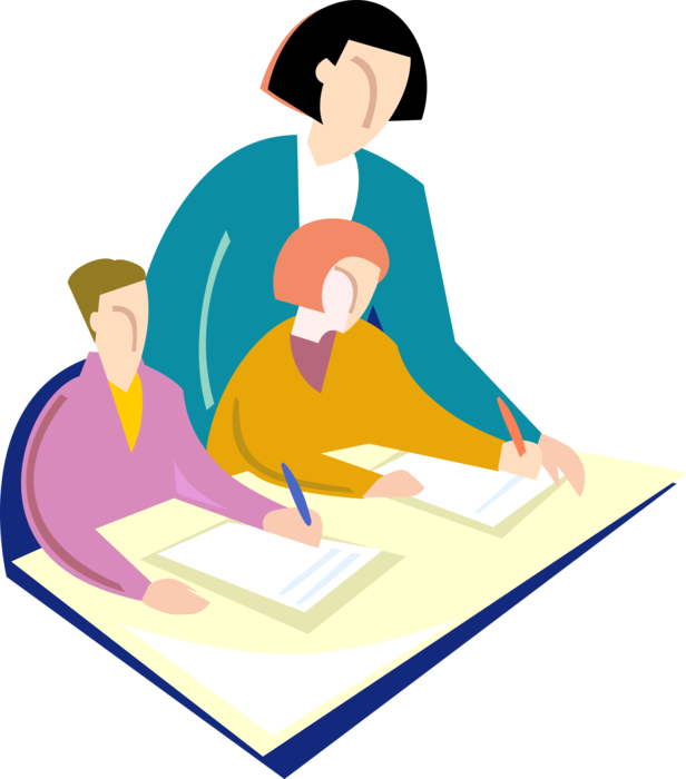 Vector Illustration of Teacher Checks Classroom Assignment with Students in School