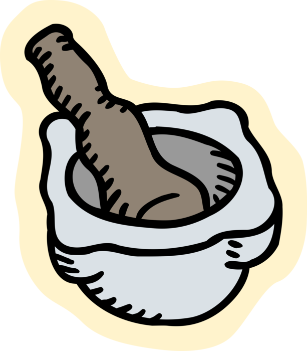 Vector Illustration of Mortar and Pestle Prepare Ingredients by Crushing and Grinding into Powder or Paste