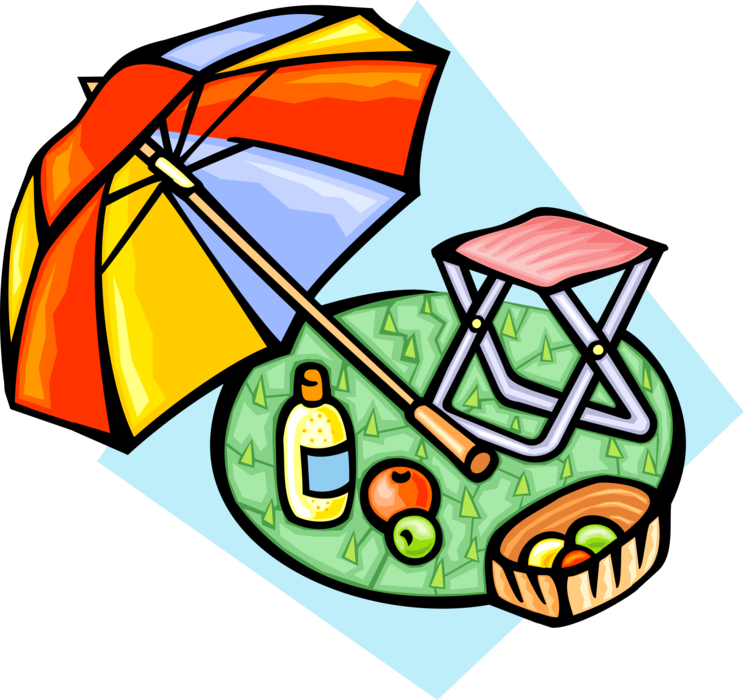 Vector Illustration of Summer Picnic with Sun Shade Umbrella and Fruits