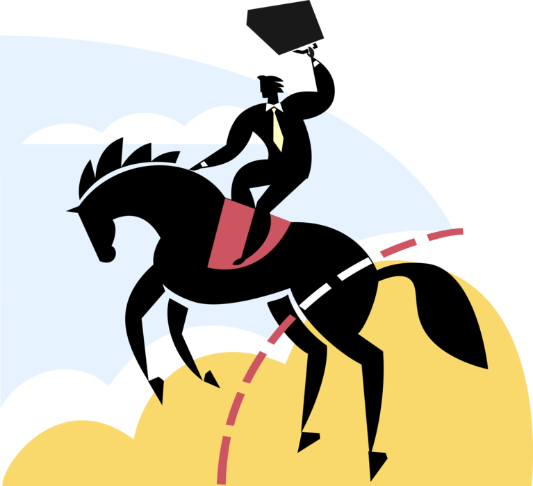 Vector Illustration of Businessman with Briefcase Equestrian Jumping on Horse