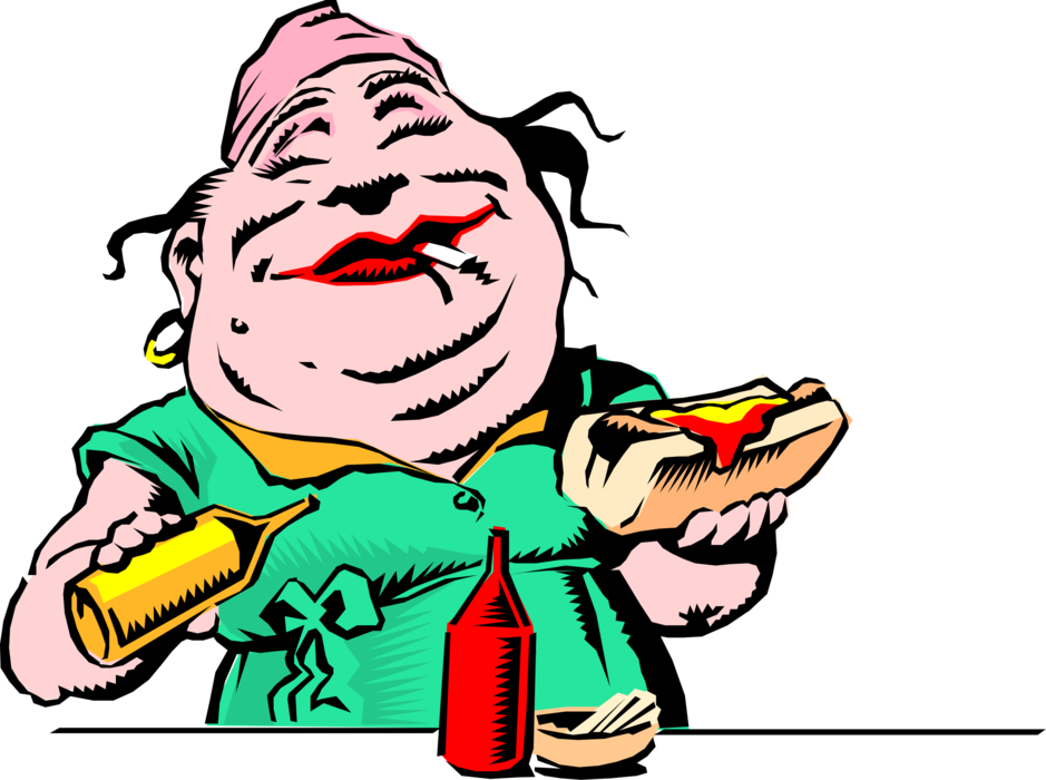 Vector Illustration of Fat Carnival Food Vendor Prepares Hotdog