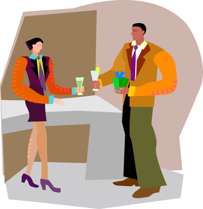 Vector Illustration of Celebrating Colleague's Birthday in Office Work Place with Gift and Drinks