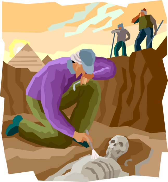 Vector Illustration of Archaeological Dig with Archeologist Discovering Ancient Human Remains