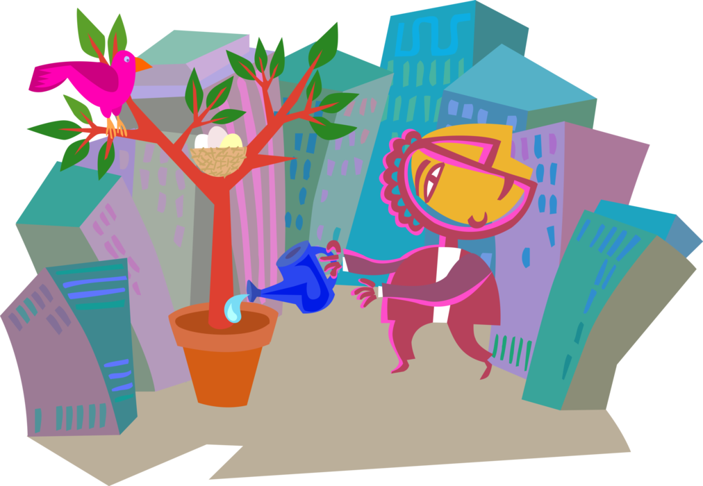 Vector Illustration of Watering and Nurturing Tree with Bird Nest in Concrete Jungle City