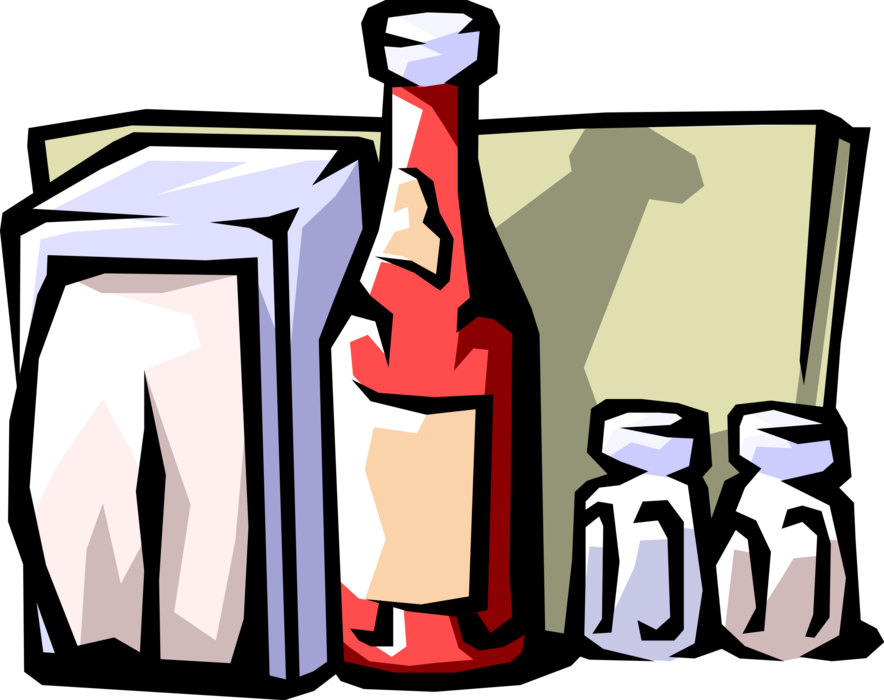 Vector Illustration of Restaurant Dining Table Menu, Condiments, with Napkins, Ketchup, Salt and Pepper