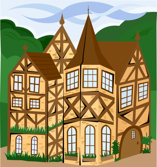 Vector Illustration of English Tudor Home Residence House, Great Britain, United Kingdom