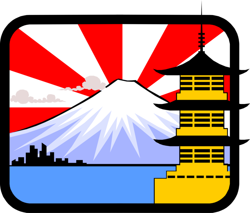 Vector Illustration of Japanese Pagoda Temple or Sacred Structure with Mt. Fuji