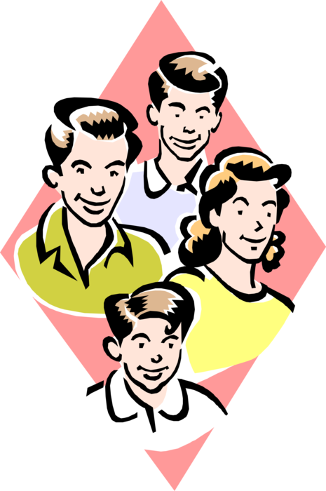 Vector Illustration of 1950's Vintage Style Family with Mom and Pop and Two Kids