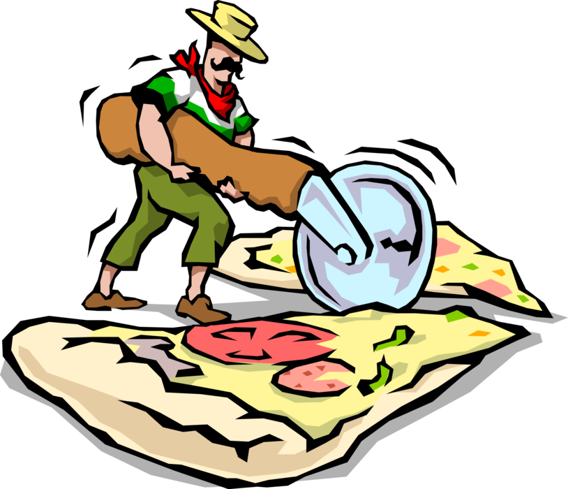 Vector Illustration of Italian Cuisine Chef Slicing Fresh Flatbread Pizza with Cutting Wheel