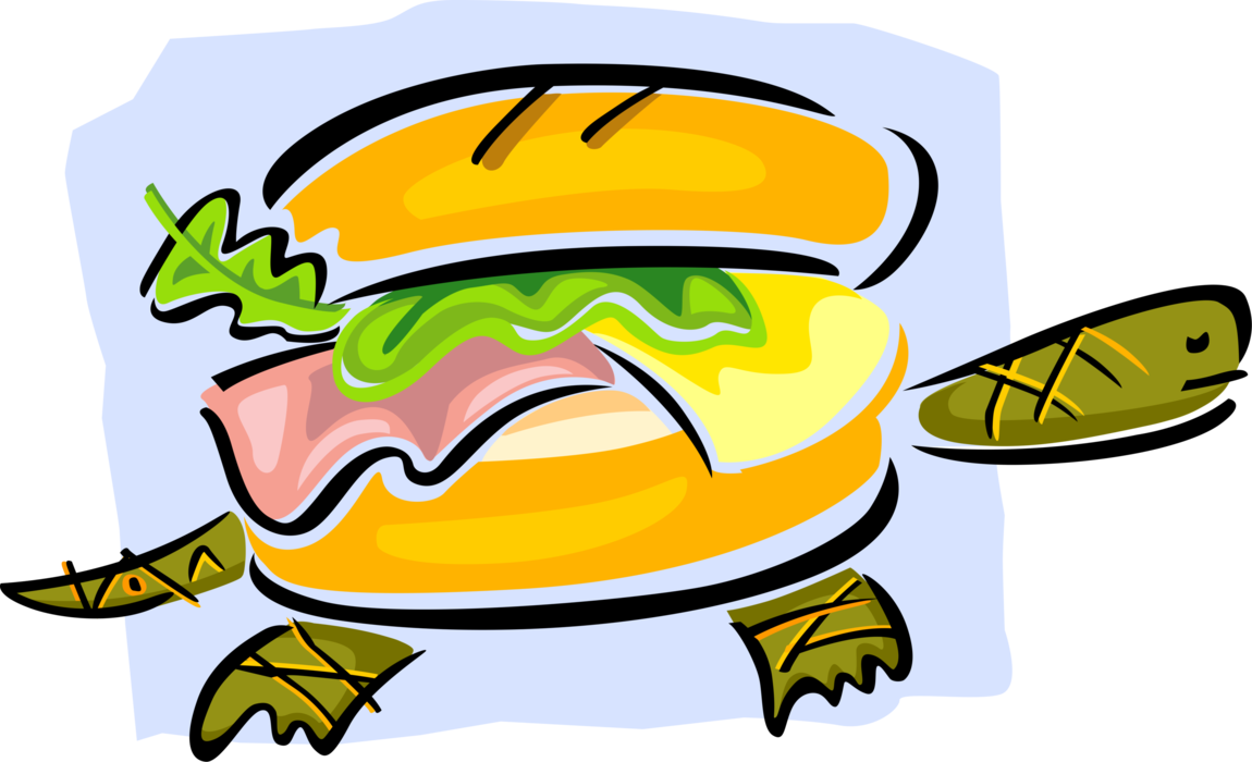 Vector Illustration of Tortoise or Turtle with Lunch Sandwich Shell of Cold Cuts, Cheese and Lettuce