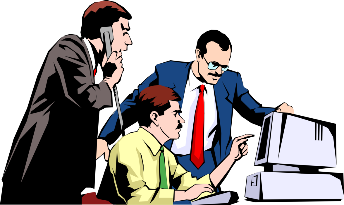 Vector Illustration of Businessmen Have Meeting to Review Numbers on Computers