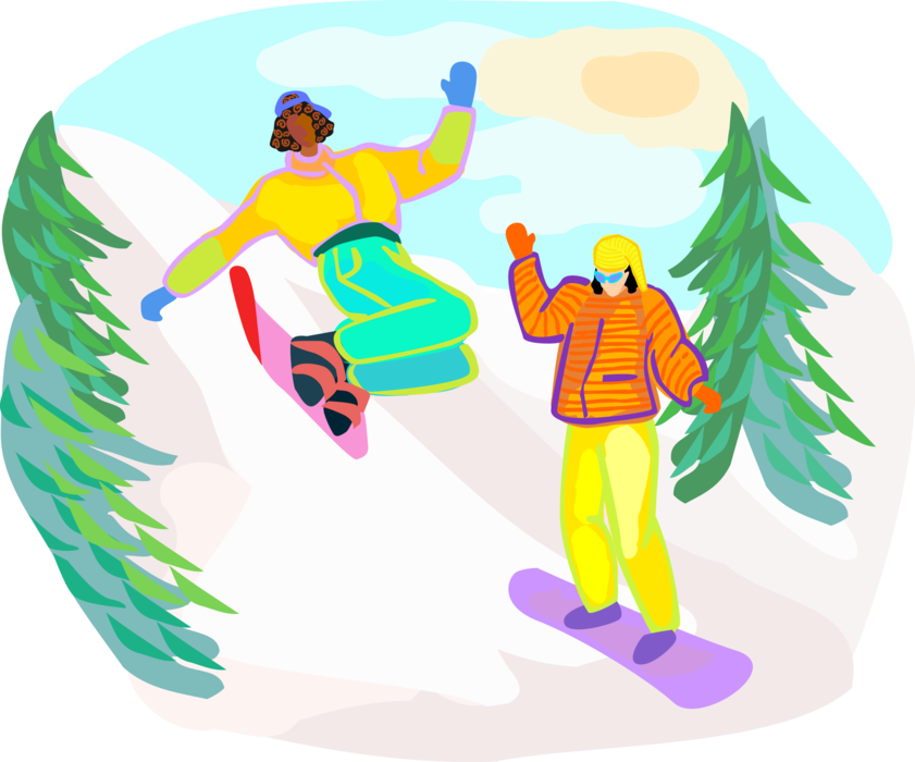 Vector Illustration of Winter Snowboarders Snowboarding Down Snow Covered Slopes on Snowboards