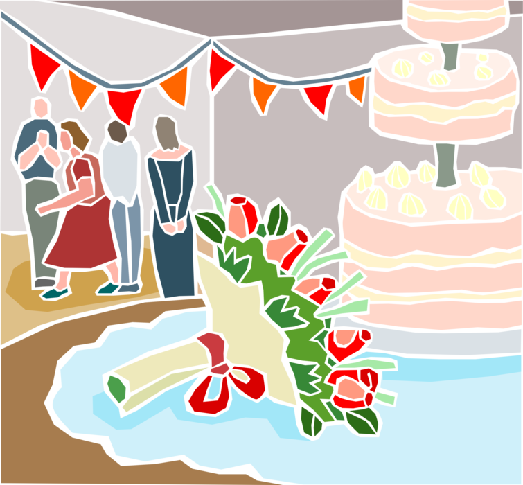 Vector Illustration of Wedding Reception with Wedding Cake and Rose Flowers Bouquet