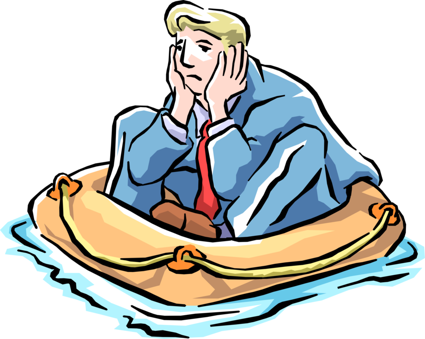 Vector Illustration of Stranded Floating Businessman Adrift in Dinghy Boat