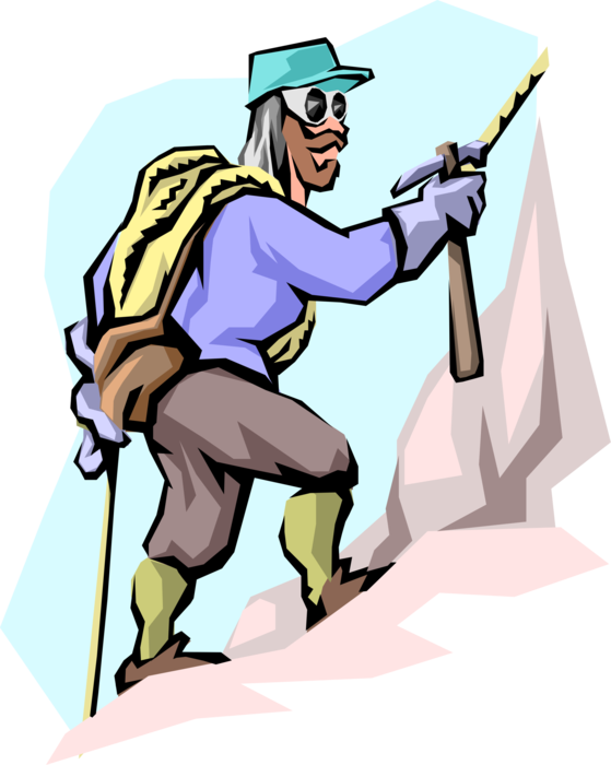 Vector Illustration of Mountain Climbing Expedition Leader Climbs with Axe and Rope