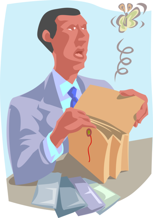 Vector Illustration of Businessman with Empty File Folder Moth Flies Out