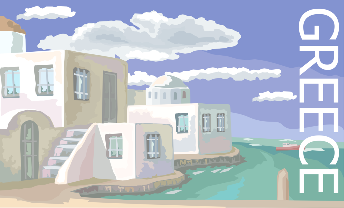 Vector Illustration of Greece Postcard Design with Greek Island of Santorini