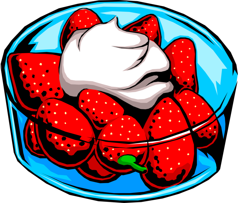 Vector Illustration of Fresh Fruit Strawberries & Cream in Bowl