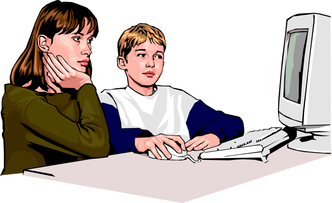 Vector Illustration of School Children Working at Computer for Homework