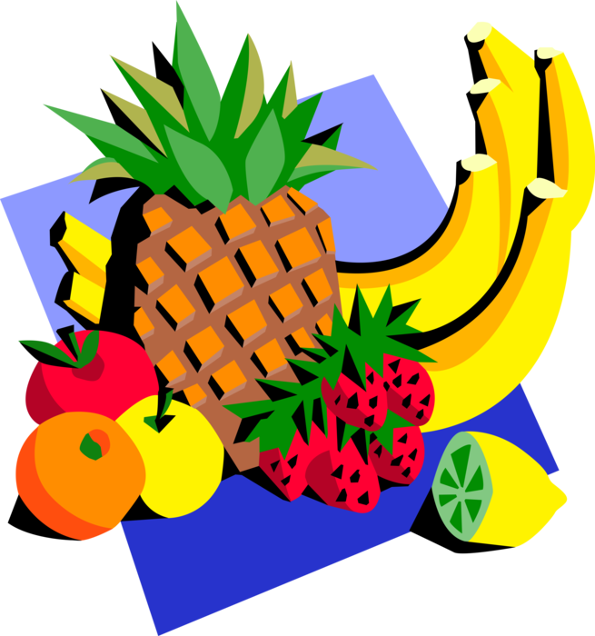 Vector Illustration of Pineapple, Strawberries, Lemons, and Bananas Assorted Fruits