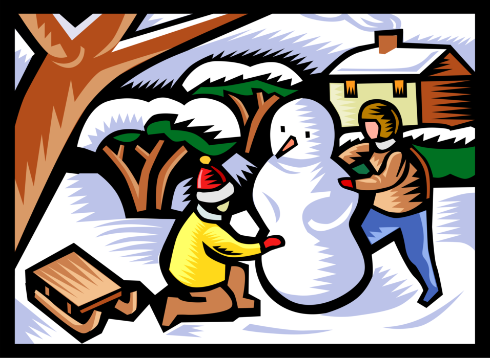 Vector Illustration of Children Play in the Snow and Build Snowman Anthropomorphic Snow Sculpture in Backyard