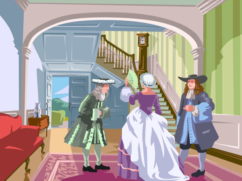 Vector Illustration of Colonial America Greeting Guests in Homestead Home