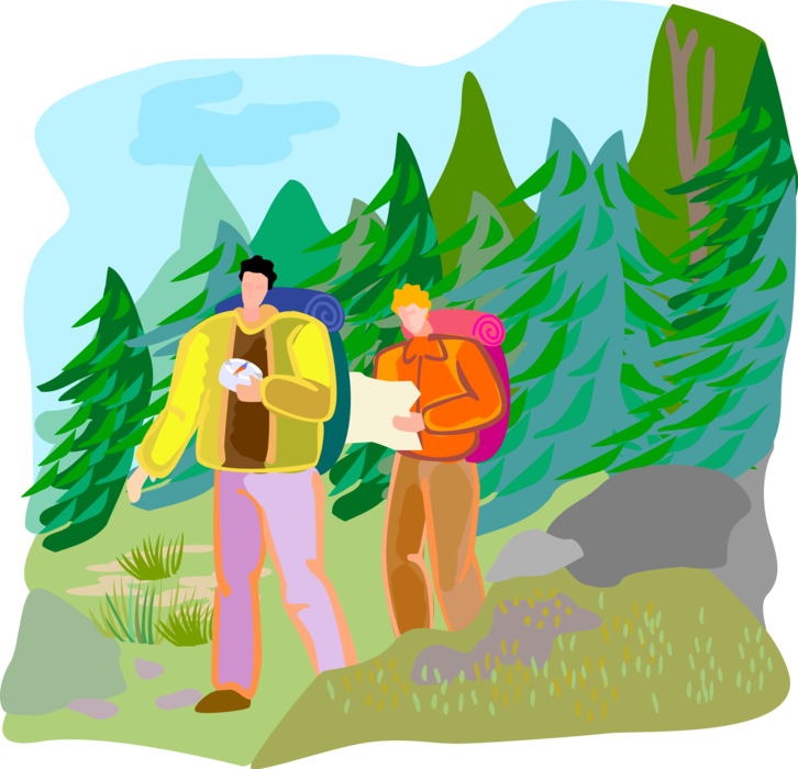 Vector Illustration of Hikers Hiking Through Wilderness with Magnetic Compass and Maps