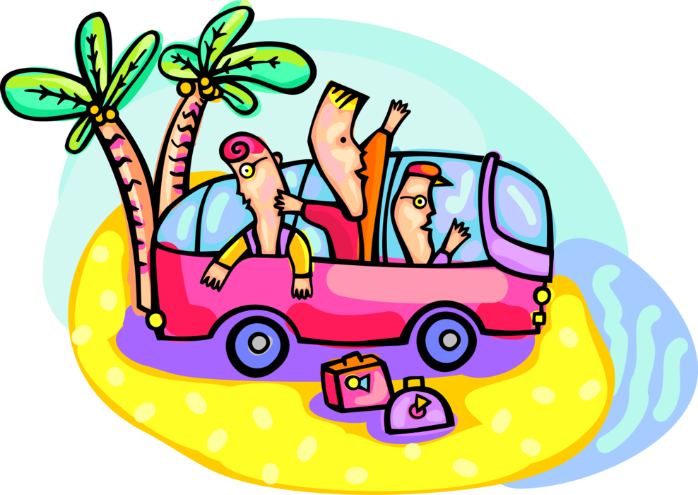 Vector Illustration of Family on Road Trip in Vehicle with Palm Trees