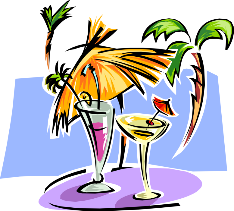 Vector Illustration of Exotic Alcohol Beverage Drinks in Tropical Paradise