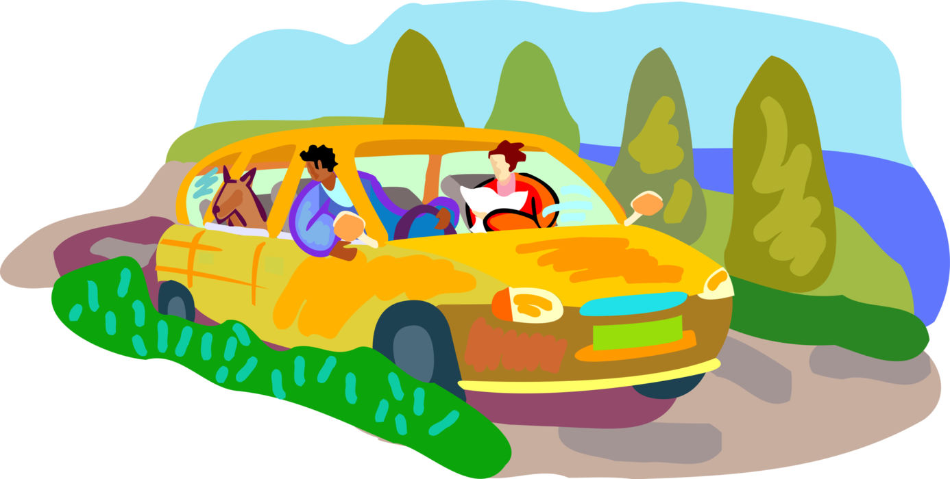 Vector Illustration of Family on Road Trip in Automobile Motor Vehicle