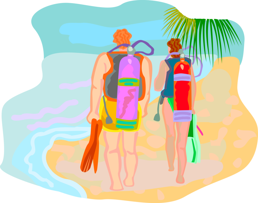 Vector Illustration of Scuba Divers Walking on Beach Prepare for Dive