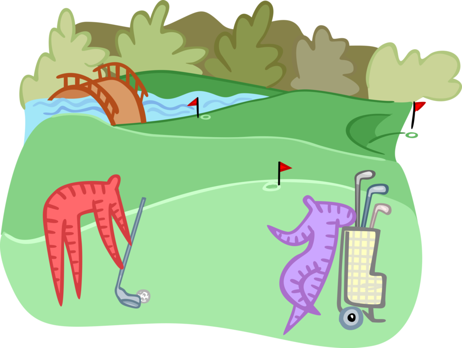 Vector Illustration of Round of Golf with Golfers Putting on Green
