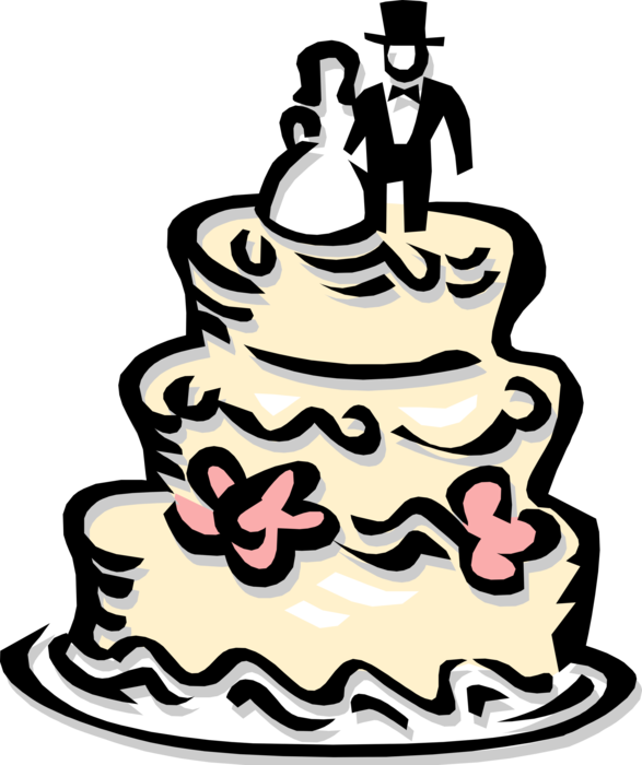 Vector Illustration of Wedding Cake Traditional Cake Served at Wedding Receptions with Bride and Groom Topper