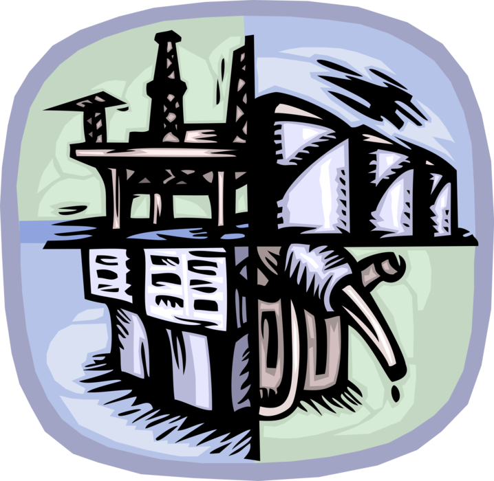 Vector Illustration of Fossil Fuel Gas and Petroleum Industry Oil Drilling, Fuel Storage and Gasoline Refining