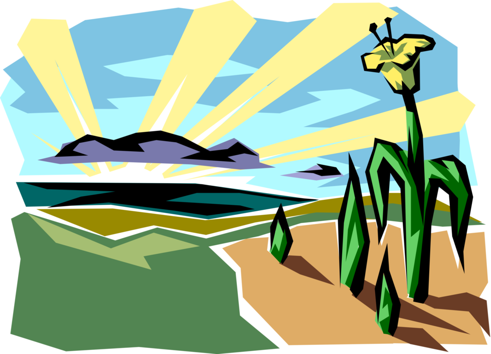 Vector Illustration of Morning Sunrise Scene with Daffodil Flower